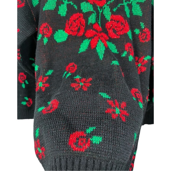VTG G.F.C Ltd Black w/ metallic Red & Green Floral Acrylic Pullover Sweater - Picture 4 of 7